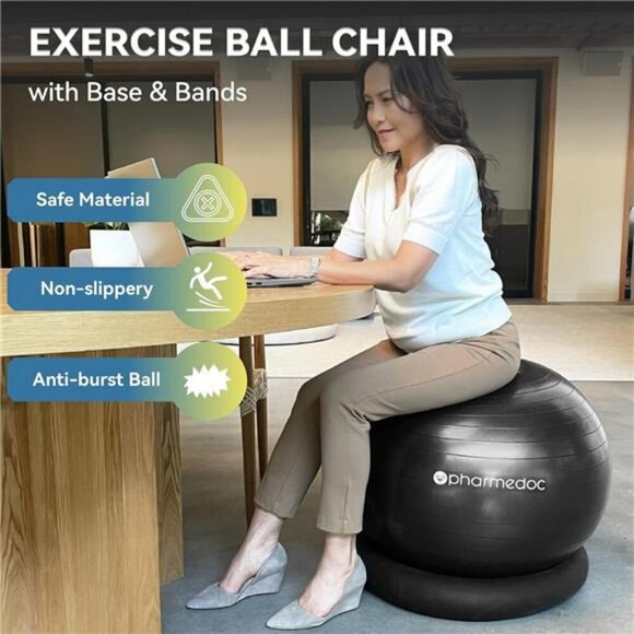 Pharmedoc Yoga Ball Chair with Base Bands Home Gym Pregnancy Birthing Ball 20in - Picture 2 of 8